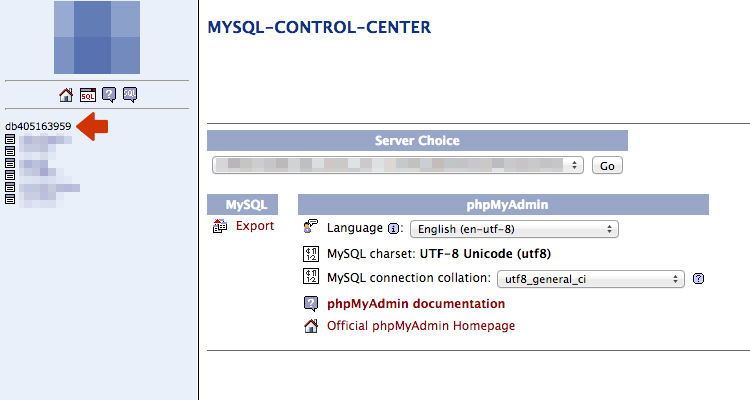 Screenshot of PHPMyAdmin start-page