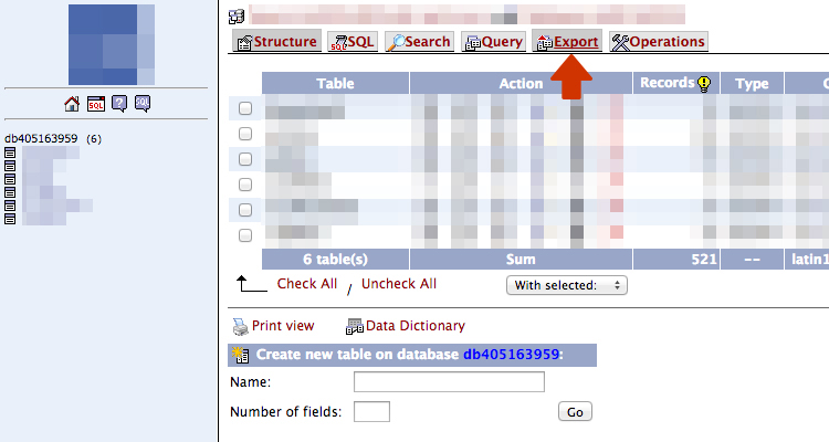 Screenshot of PHPMyAdmin database page