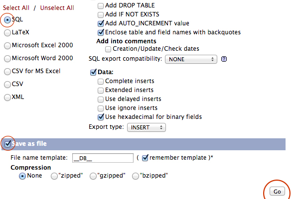 Screenshot of PHPMyAdmin export page
